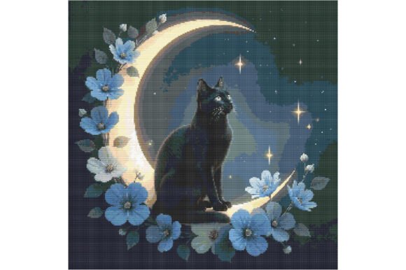 Moonlit Cat with Crescent & Flowers