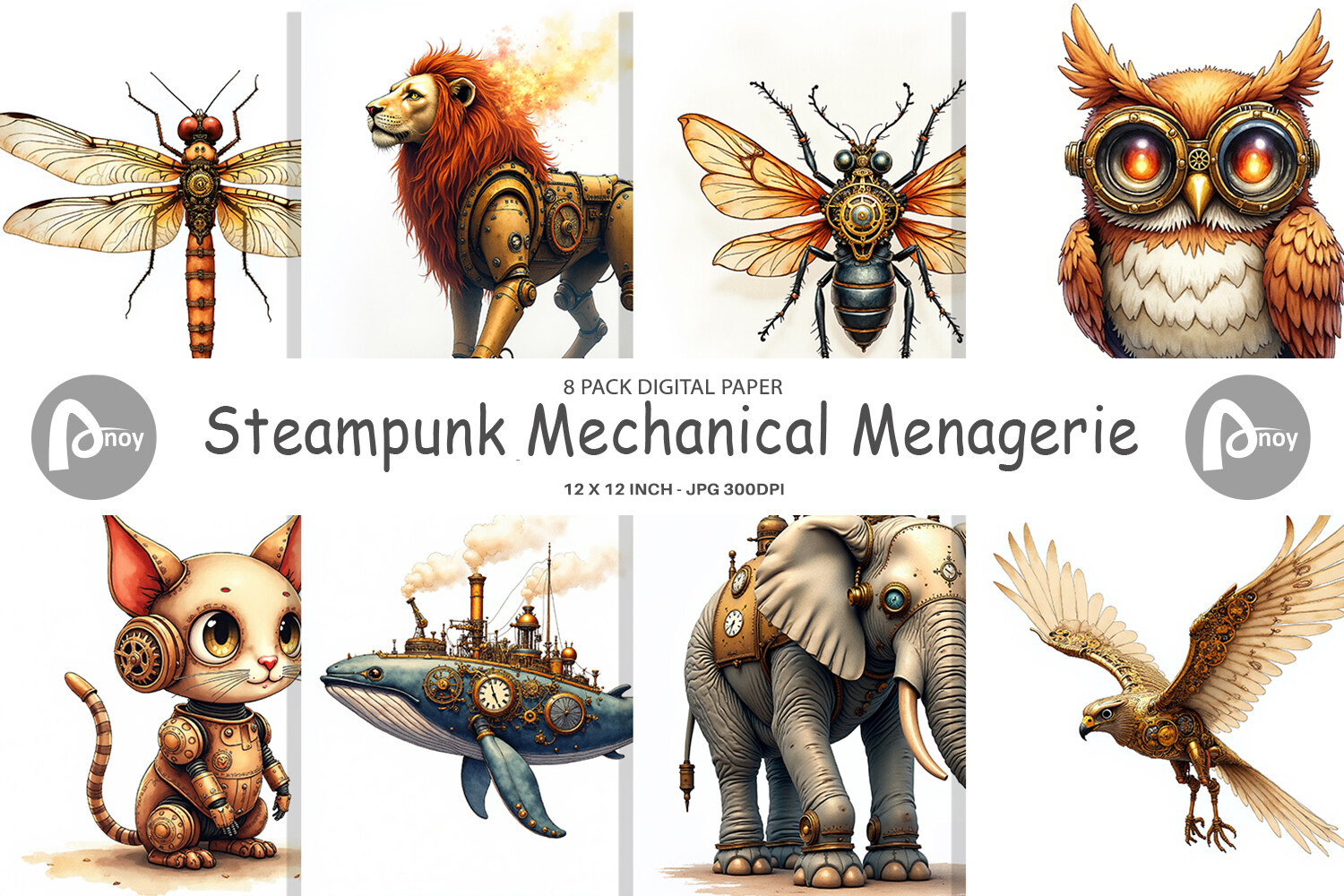 Steampunk Animals Digital Paper