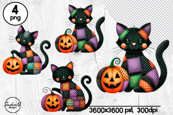 Halloween Patchwork Cat Clipart Gráfico Ilustraciones Imprimibles Por sashanikart