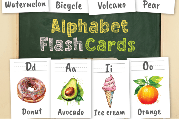 Watercolor Alphabet Flash Cards for Learning and Teaching