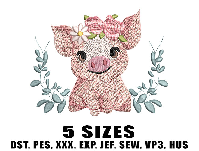 Floral Baby Pig Embroidery Design