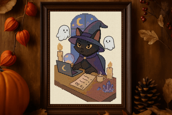 Halloween Witch Black Cat with Ghosts