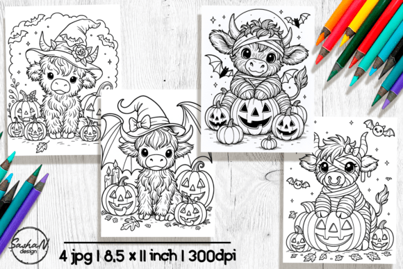 Cute Halloween Highland Cow Coloring