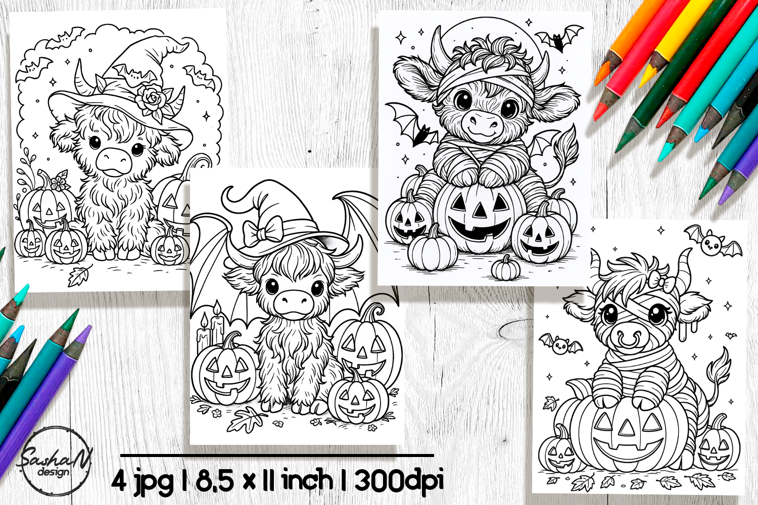 Cute Halloween Highland Cow Coloring