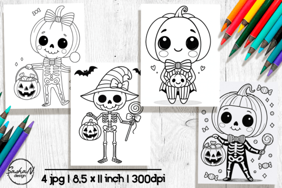 Cute Skeleton & Pumpkin Coloring Pages