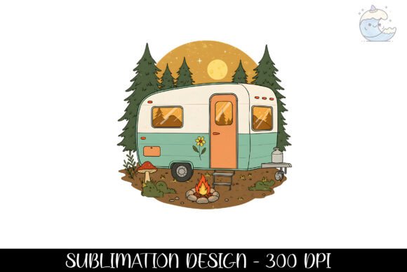 Camping Night Rv and Campfire Design Png