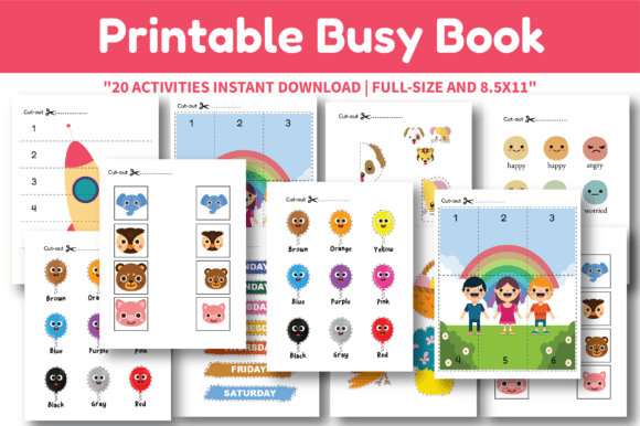 Educational printable busy book with learning activity pages for young children