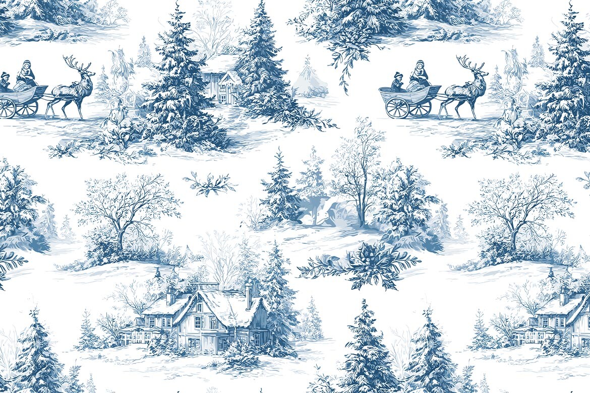 Blue Toile Christmas Seamless Pattern 10