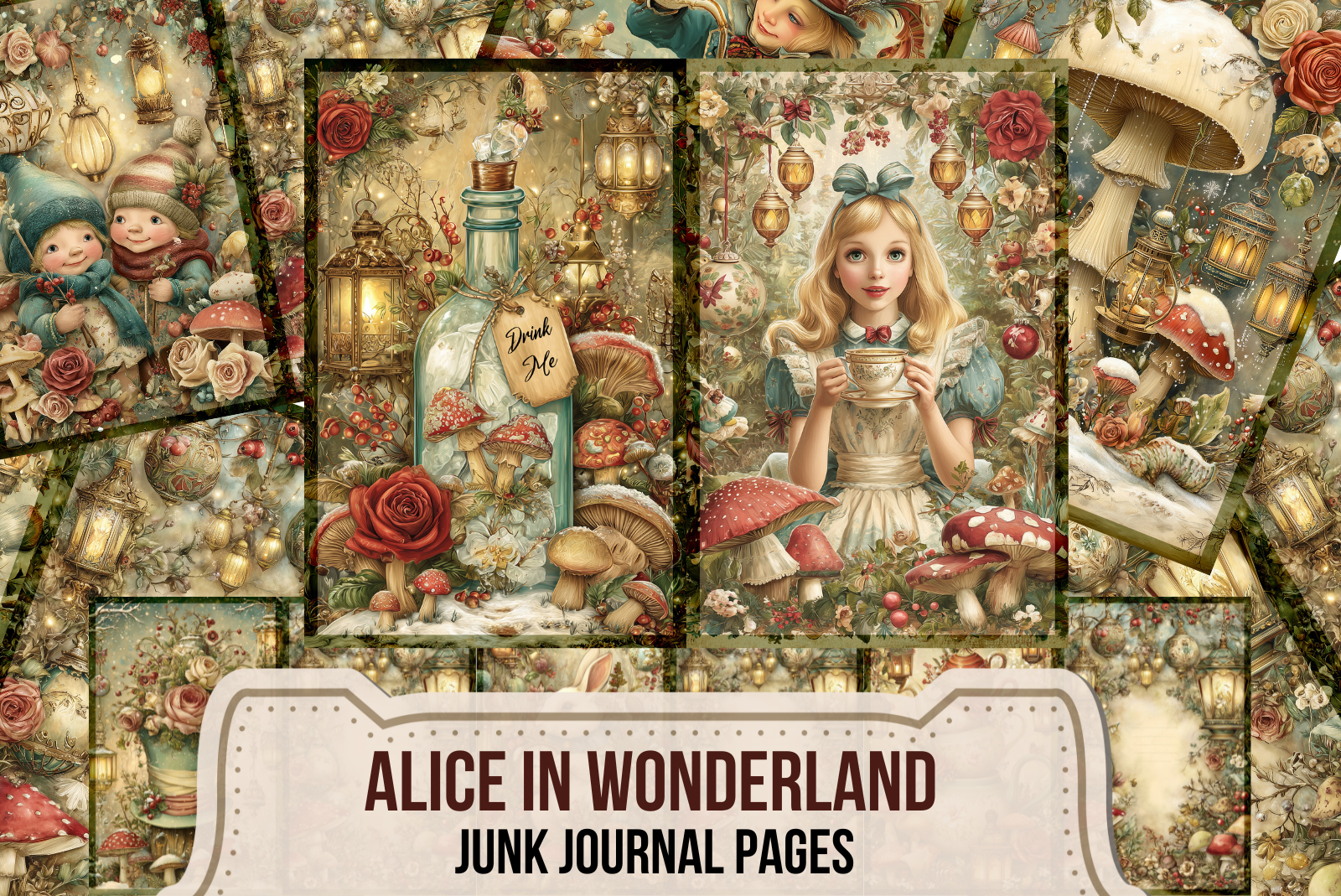 Christmas Alice in Wonderland junk journal printable spreads preview