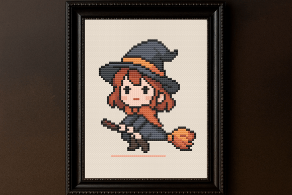 Cute Witch on Broom Cross Stitch Pattern