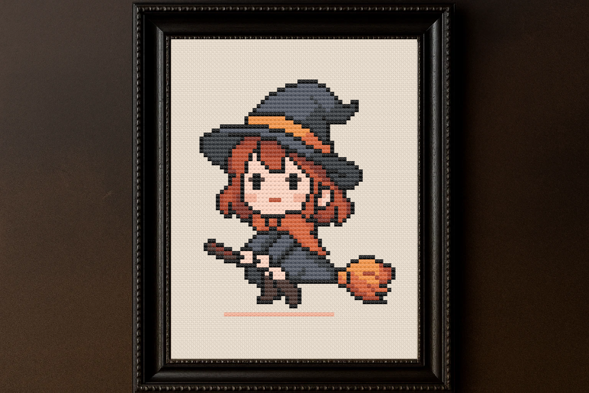 Cute Witch on Broom Cross Stitch Pattern