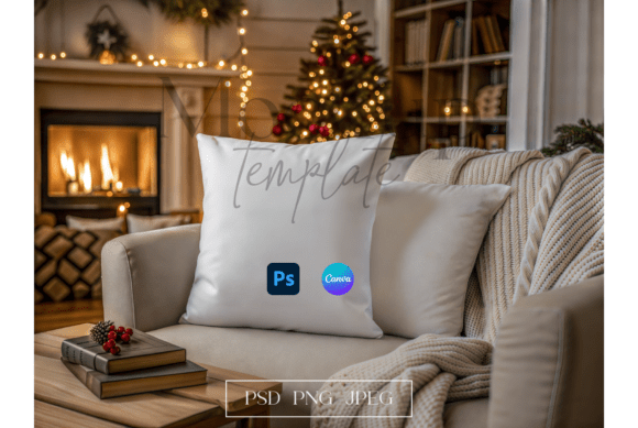 Christmas Fireplace Pillow Mockup