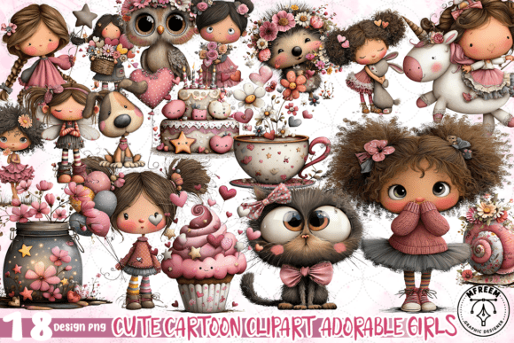 Cute Cartoon Clipart Adorable Girls PNG Grafica Illustrazioni Stampabili Di mfreem