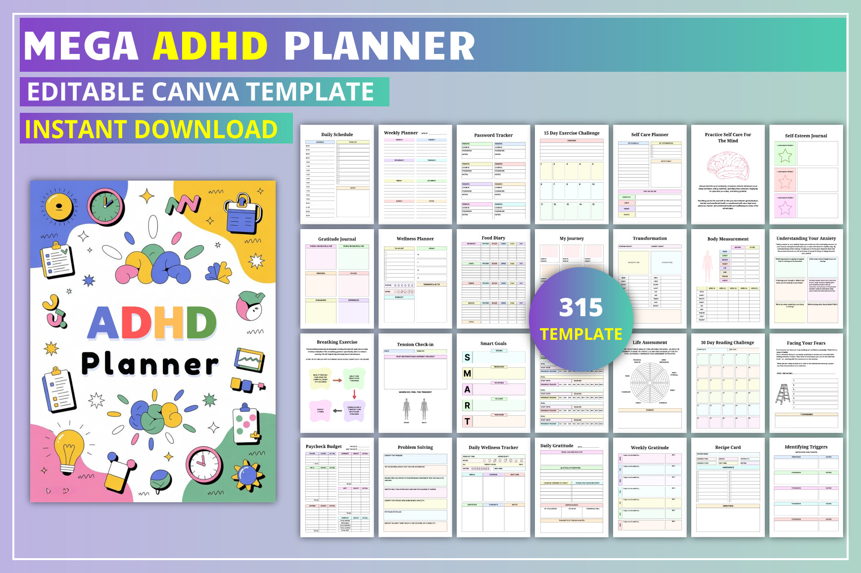 Editable Mega ADHD Planner KDP Interior