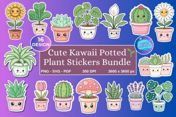 Kawaii Potted Plant Stickers Bundle Graphic Crafts By SUPER GRAPHICS