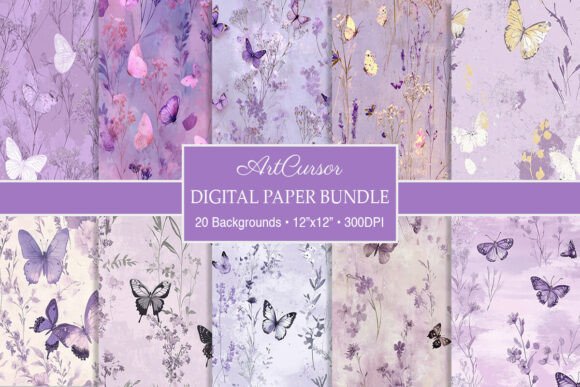 Lilac Grunge Floral Butterfly Background