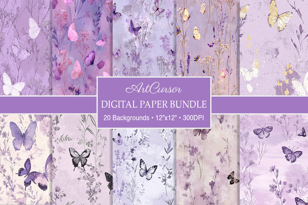 Lilac Grunge Floral Butterfly Background