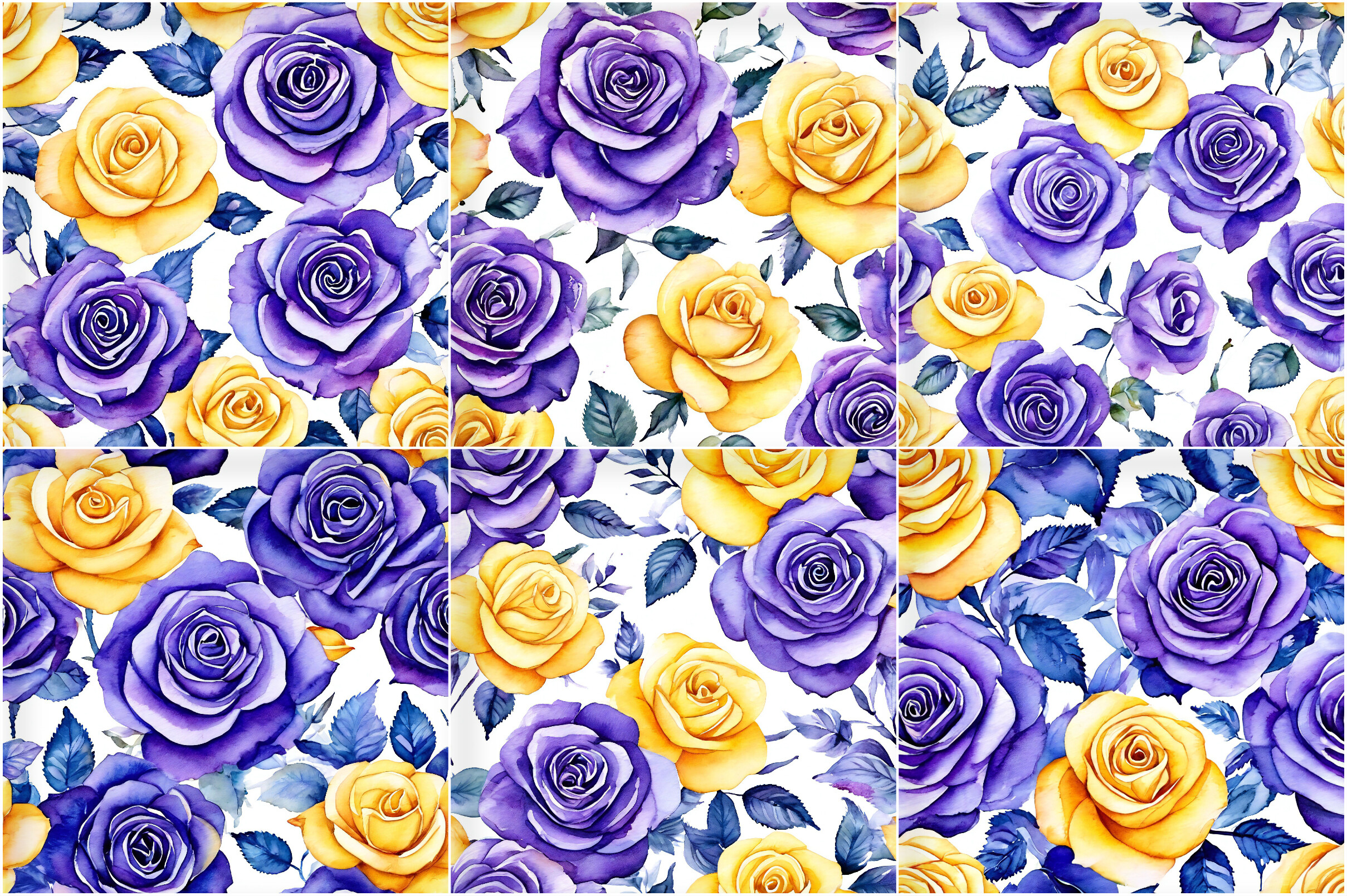 Purple & Yellow Watercolor Roses Pattern