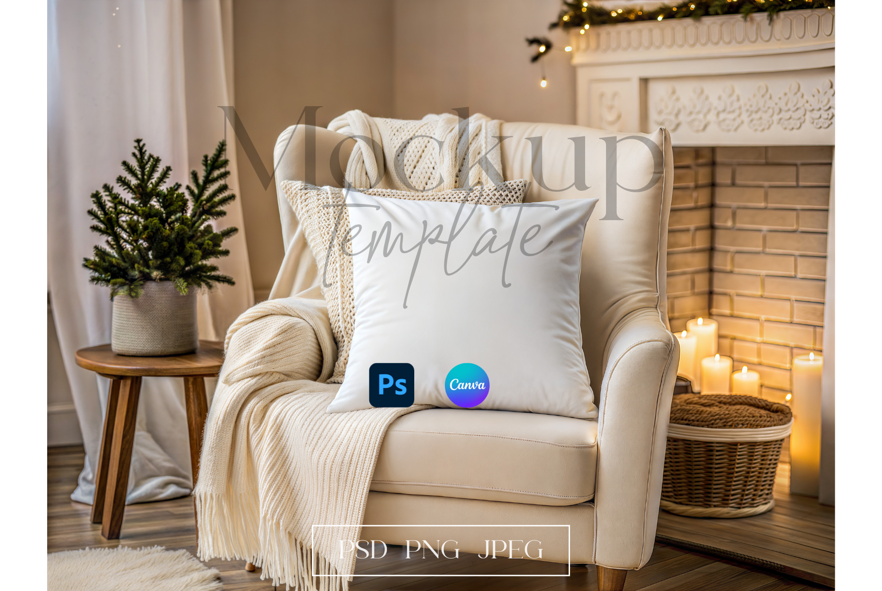 Winter Pillow Mockup by Fireplace