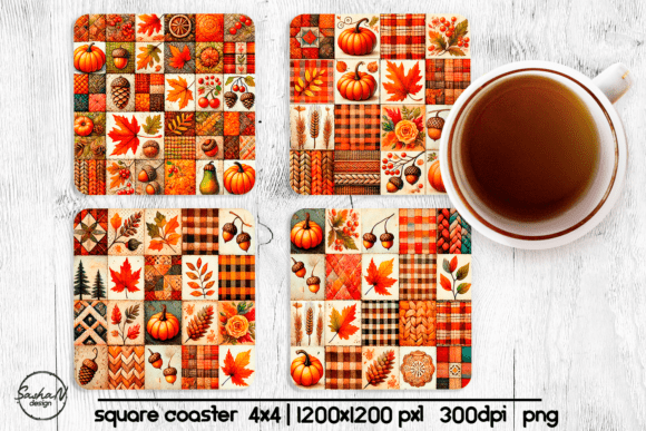 Cozy Fall Patchwork Square Coaster Graphic Crafts By sashanikart
