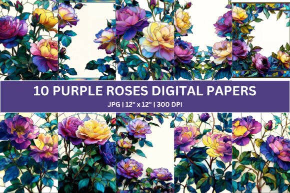 10 Stained Glass Rose Digital Paper