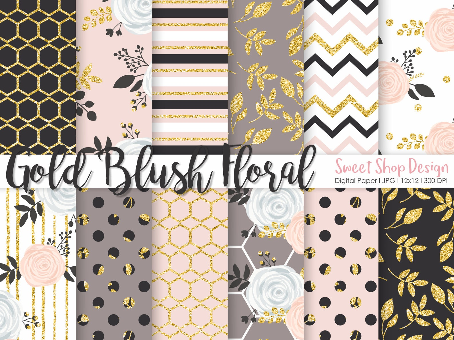 Digital Paper Gold Blush Floral Graphic by Sweet Shop Design · Creative ...
