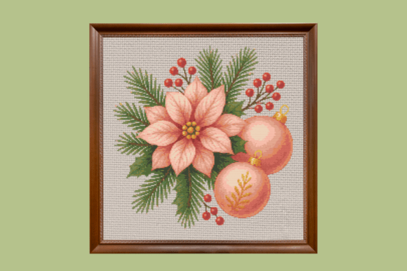 Pink Poinsettia & Ornaments Cross Stitch