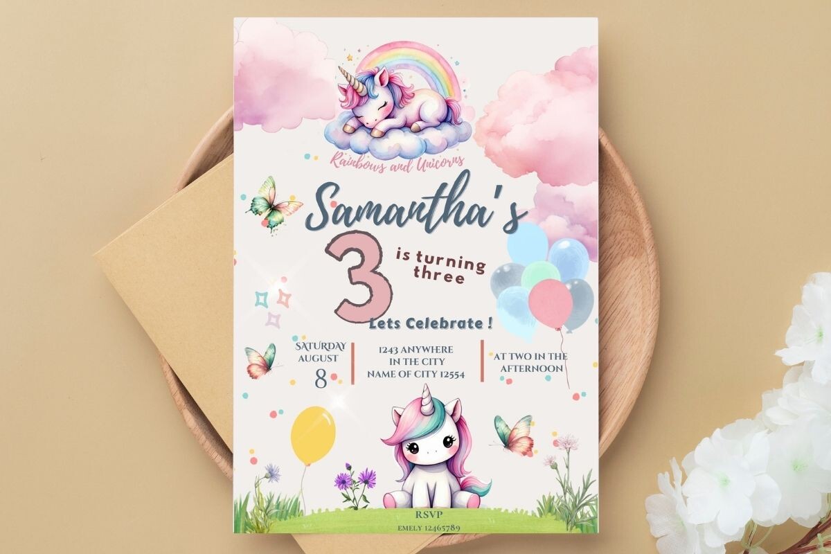 Unicorns and Raibows Birthday Canva Edit