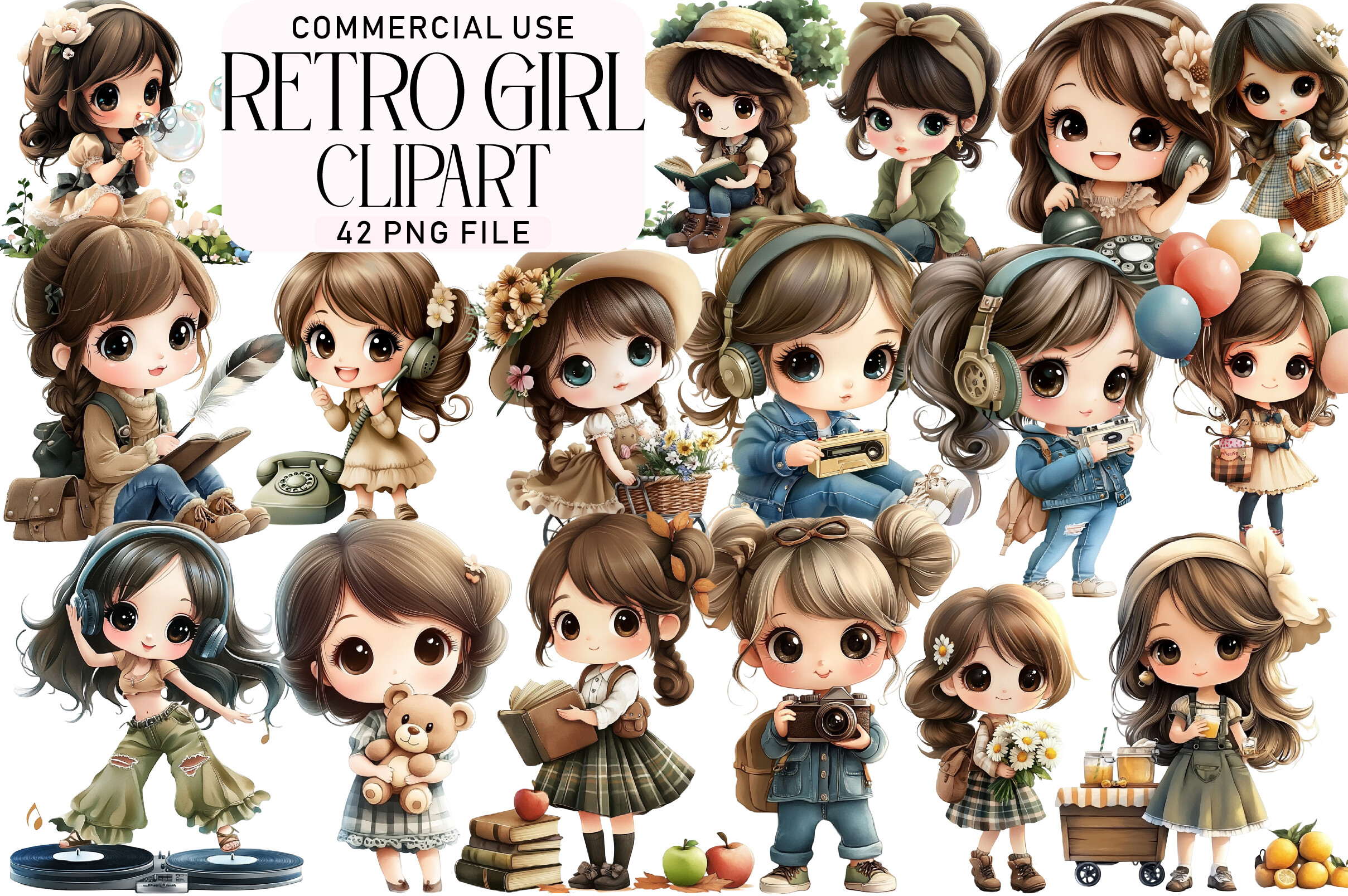 Watercolor Retro Girl Clipart Graphic by Daily.Designs · Creative Fabrica