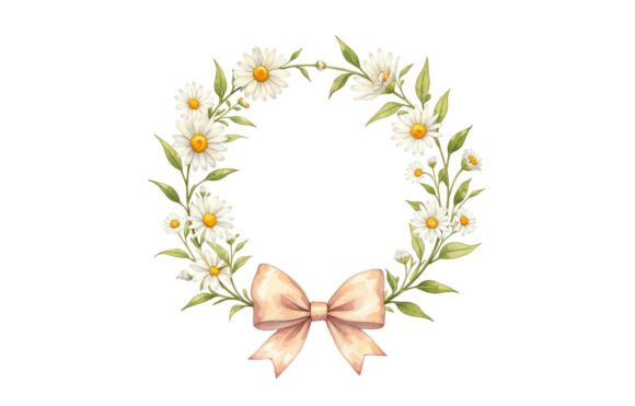 Daisy Wreath Clipart with Bow Watercolor