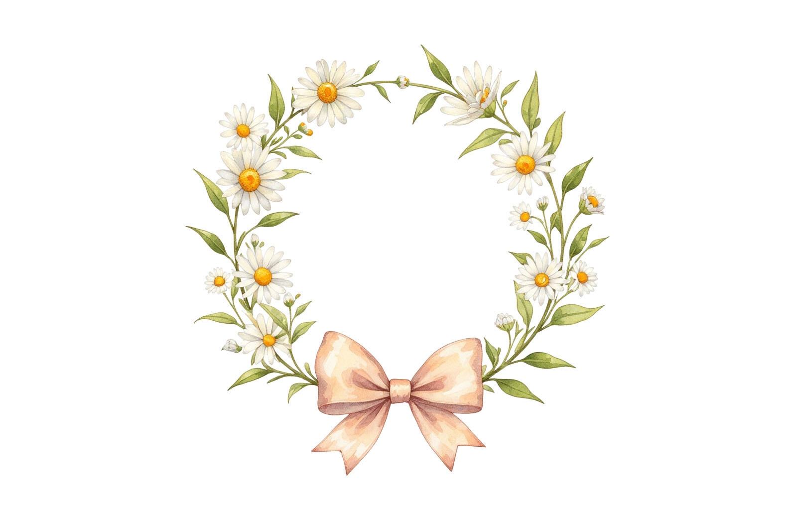 Daisy Wreath Clipart with Bow Watercolor