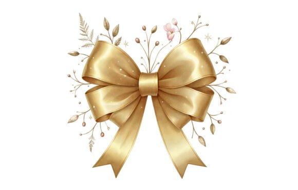 Elegant Gold Ribbon Bow Watercolor