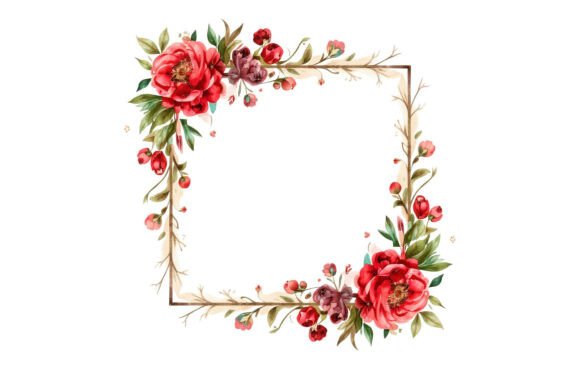 Red Floral Square Frame Watercolor