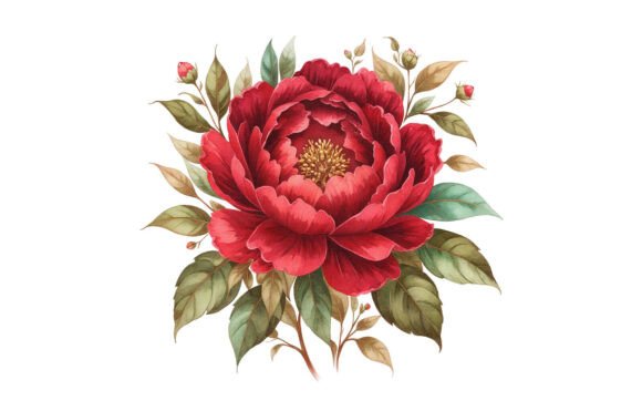 Red Peony Floral Watercolor Clipart
