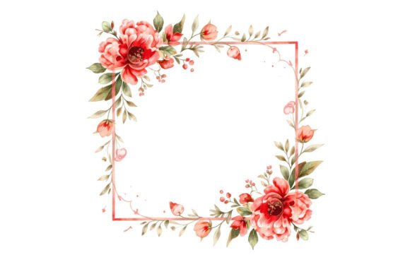 Watercolor Floral Frame Red Peony Border