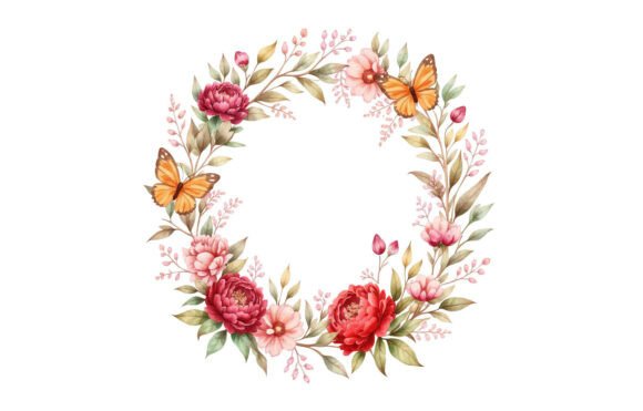 Watercolor Floral Wreath Butterfly