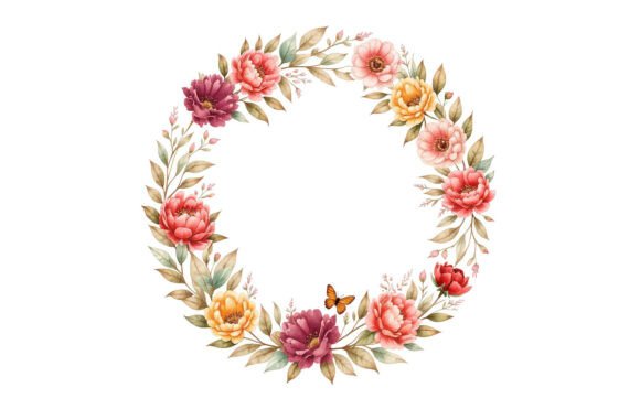 Watercolor Floral Wreath Butterfly