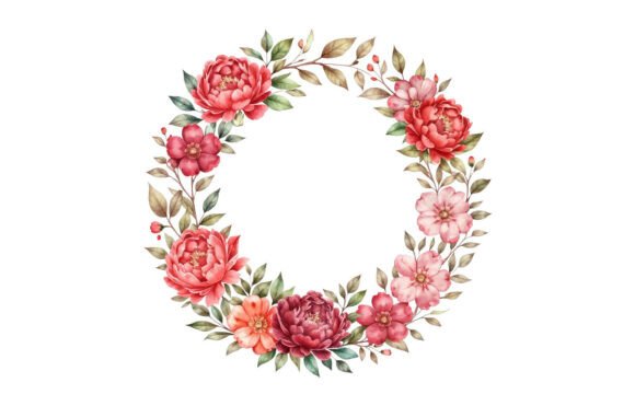 Watercolor Floral Wreath Clipart Red