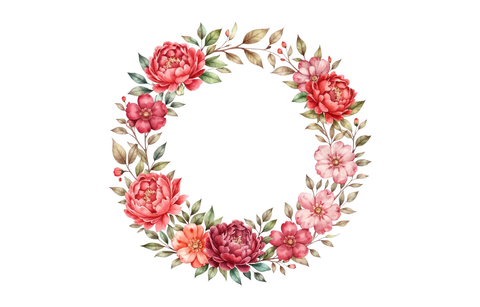 Watercolor Floral Wreath Clipart Red