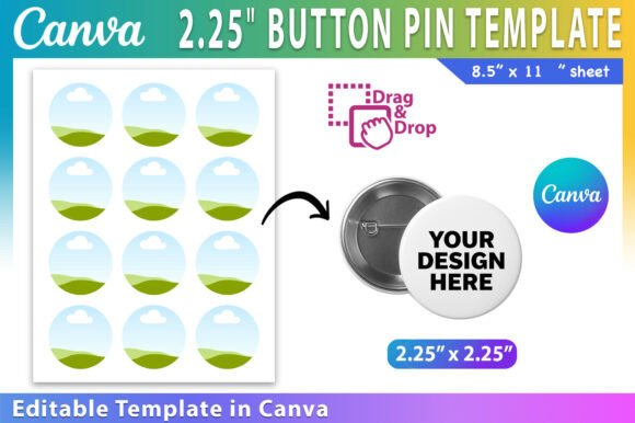 2.25" Button Pin Template, Canva Button