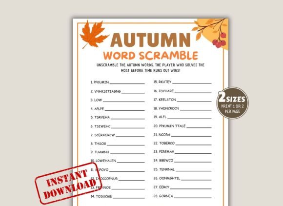 Fall Word Scramble Game for Kids & Adult