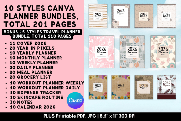 Large printable Canva planner template bundle with planning tracking and notes pages
