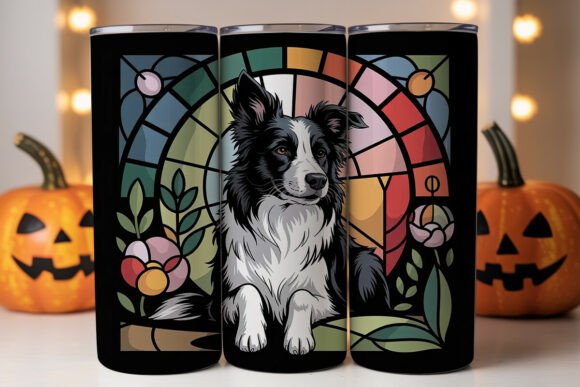 stained glass border collie 20oz tumbler wrap PNG sublimation design