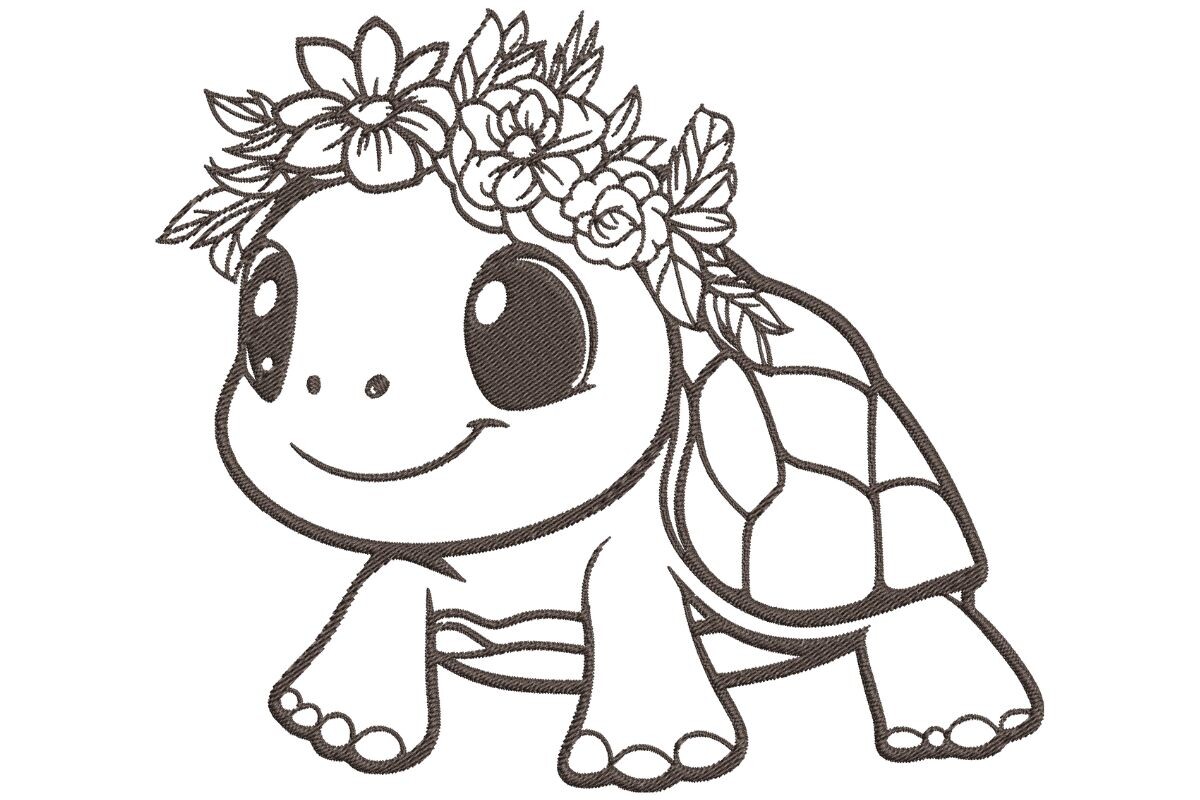 Sweet Tortoise with Flower Wreath Embroidery Design