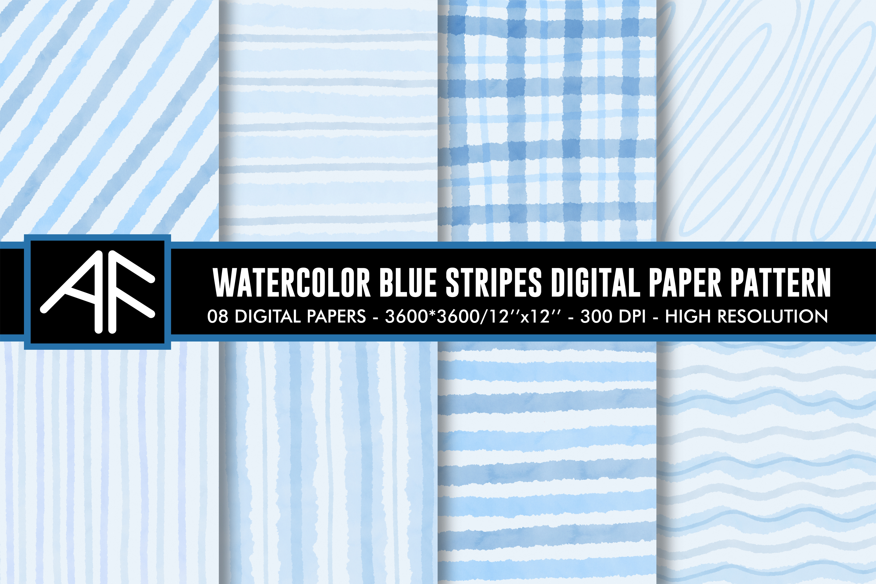 Watercolor Blue Stripes Digital Paper