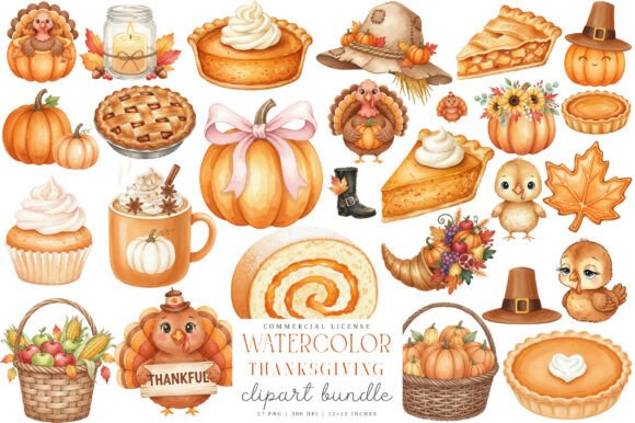 Watercolor Thanksgiving Clipart, Turkey