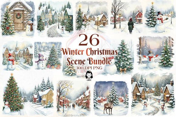 Winter Christmas Scenes Clipart Bundle