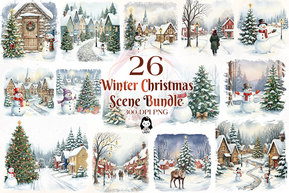 Winter Christmas Scenes Clipart Bundle