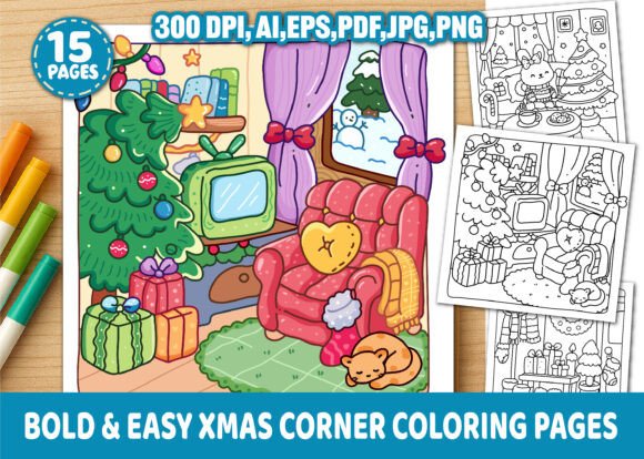 Bold-Easy Xmas Corner Coloring Pages