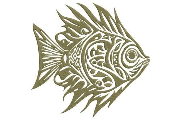 Ornate Tribal Fish Applique in Olive Green
